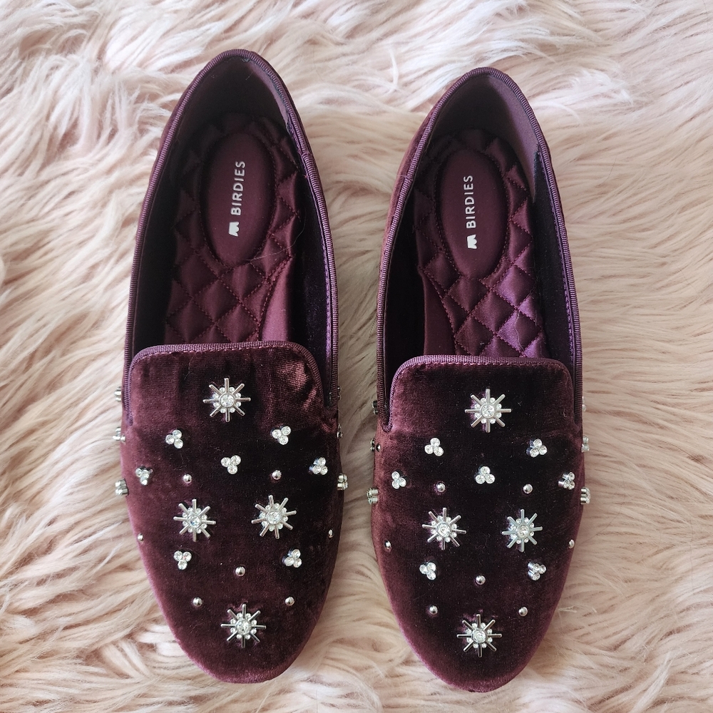 Birdies Starling Maroon Purple Crystal Star Rhinestone Stud Velvet Loafer Flats